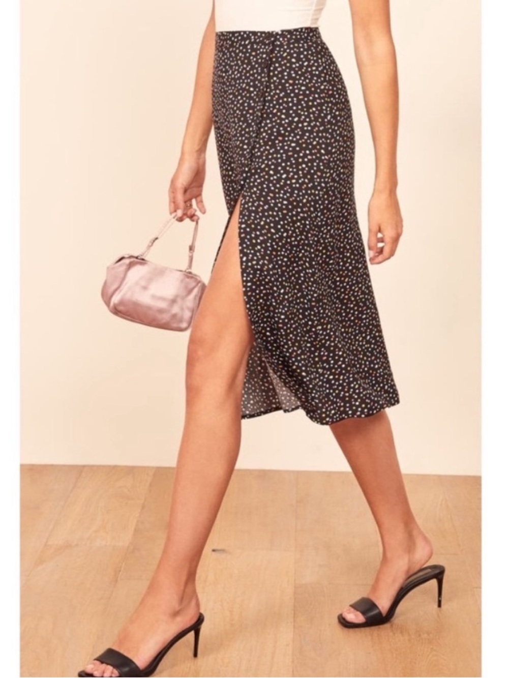 Reformation Jaime Midi Skirt Confetti Black Polka Dot Size 8 Side Slit Buttons